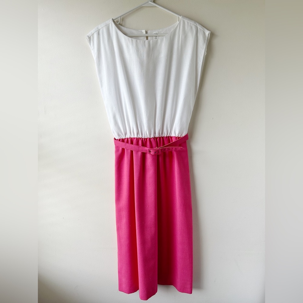 $5 FOR $25 | Vintage Barbiecore Sheath Modest Midi Dress Pink White 14